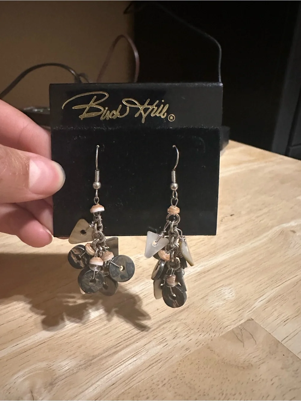 Bird Hill Dangle Earrings with Brown and Gray Beads